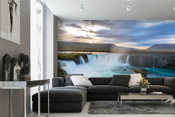 Fototapete MS-5-3192 mit Wasserfall-Motiv in einem modern eingerichteten Wohnraum